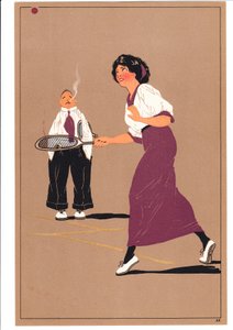 Ein Druck von zwei Tennisspielern in komischen und humorvollen Posen, ca. 1920 von English School