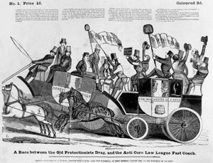 Ein Rennen zwischen dem alten Protectionist Drag und dem Anti Corn Law League Fast Coach