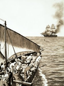 Ein Dampfschiff am Horizont, eine arabische Dhow im Vordergrund von English School