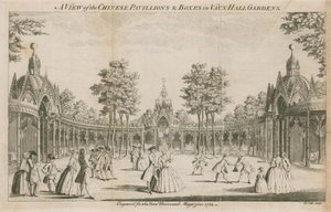 Eine Ansicht der chinesischen Pavillons und Boxen in den Vauxhall-Gärten, London