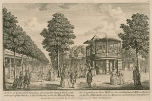 Eine Ansicht der Vauxhall-Gärten, London, zeigt den Grand Walk am Eingang des Gartens und das Orchester mit Musik von English School