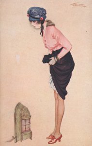 Eine Frau hebt ihren Rock, um ihre Beine an einem kleinen Heizgerät zu wärmen