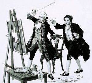 Ein junger Mann zerschlitzte ein unvorteilhaftes Porträt seines Vaters von Hogarth mit einem Schwert von English School