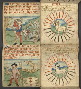 Aries & Taurus, aus Almanach, enthält Tabelle der Sonntagsbuchstaben und goldenen Zahlen; Anweisungen zur Bestimmung der beweglichen Feste; Kalender der Heiligen, Epochen, Liste der englischen Herrscher, Wetterprognosen, Einfluss der Tierkreiszeichen