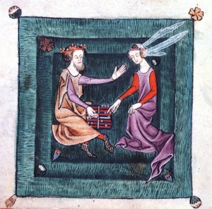 Ein König und eine Dame sitzen in einem Garten und spielen ein Brettspiel, das Backgammon ähnelt, aus dem Luttrell Psalter, begonnen vor 1340 für Sir Geoffrey Luttrell von English School