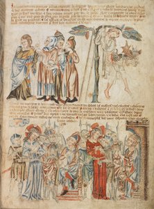 Judas gibt die dreißig Silberlinge zurück; der Tod des Judas; Christus vor Pilatus und vor Herodes, aus dem Holkham Bible Picture Book, ca. 1320-30