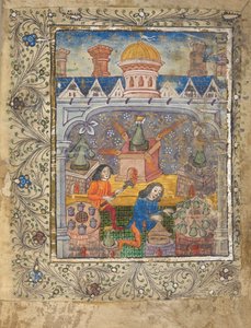 Sieben Öfen mit Destillierapparaten, die von zwei Männern bedient werden, unter einem Dach mit Kuppel und Schornsteinen, ca. 1477