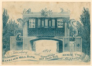 Eintrittskarte zu einer großen Gala und Kostümball in den Ranelagh Gardens, Millbank, London. 1812