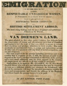 Anzeige zur Auswanderung junger Frauen nach Van Diemens Land von English School