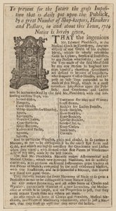 Anzeige für Edward Pinchbeck, Musikalische Uhr, Fleet Street, London, ab 1734 von English School