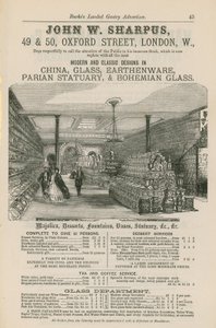 Werbung für John W. Sharpus, moderne und klassische Designs in Porzellan, Glas, Steingut, Parian-Statuen und böhmischem Glas von English School