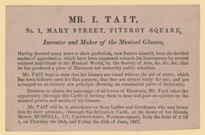 Anzeige für Mr. I. Tait, Erfinder und Hersteller der musikalischen Gläser von English School