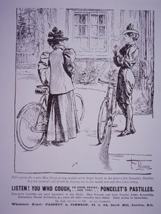 Werbung für Poncelets Pastillen mit Radfahrerinnen, eine trägt Knickerbocker von English School