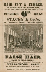Werbung für Stacey & Co., 45 Cranbourne Street, Leicester Square, London, Friseure von English School
