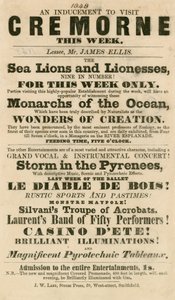 Werbung für das Auftreten von Seelöwen und Löwinnen in den Cremorne Gardens, London im Jahr 1848 von English School