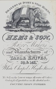 Werbung für Hems & Son, Händler in Elfenbein und Hirschhorn, Rasiermesserhersteller und Hersteller von Tischmessern, London von English School