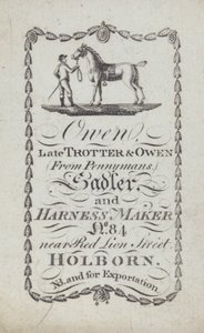 Werbung für Owen, Sattler und Geschirrhersteller, London von English School