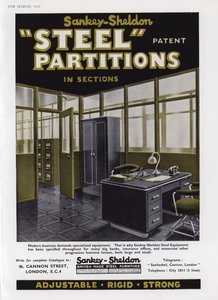 Werbung für Sankey-Sheldon Stahltrennwände, 1937 von English School