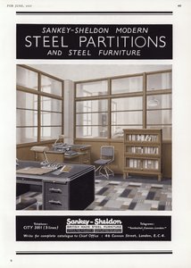 Werbung für Sankey-Sheldon Stahltrennwände, 1937 von English School