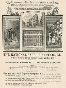 Werbung für die National Safe Deposit Company, 1 Queen Victoria Street, Mansion House, London
