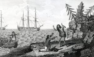 Ergreifendes Treffen von zwei Mokito-Männern, Illustration aus Moores Reisen und Reisen, 1778