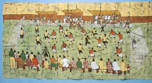 Afrikanisches Batik, das ein Fußballspiel mit Zuschauern auf den Tribünen darstellt