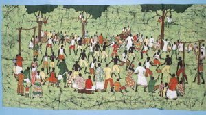 Afrikanisches Batik, das ein Fußballspiel mit Zuschauern darstellt