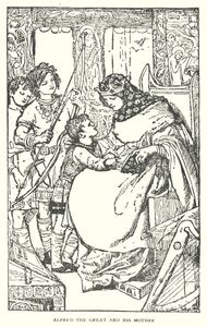 Alfred der Große und seine Mutter (Lithografie) von English School