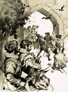 Alle aufwendigen Pläne von Captain Blood, die Krone von England zu stehlen, scheiterten (Gouache auf Papier) von English School