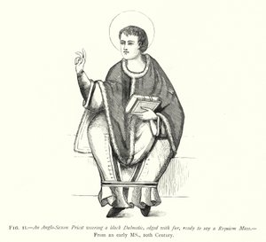 Ein angelsächsischer Priester in einer schwarzen Dalmatik mit Pelzbesatz, bereit für eine Requiem-Messe von English School