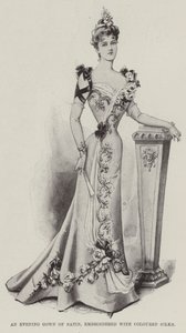 Ein Abendkleid aus Satin, bestickt mit farbigen Seiden von English School