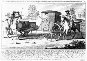 Eine genaue Darstellung des Straßenräubers Maclaine, der Lord Eglington auf dem Hounslow Heath am 26. Juni 1750 ausraubt, Druck von Charles Mosley, 1750