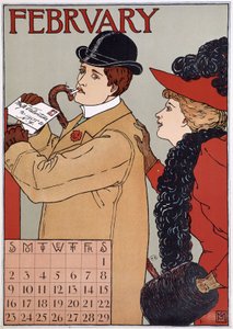 Ein elegantes Paar (Mann wirft einen Brief ein), englisches Kalenderbild, Monat Februar, n.d. Ende 19. Jahrhundert