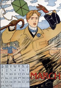 Ein eleganter Mann kämpft mit dem Wind - Englisches Kalenderbild, März, Ende des 19. Jahrhunderts