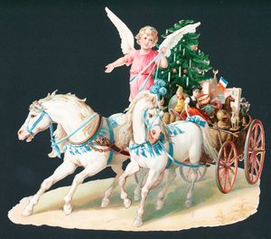 Engel auf Pferd liefert Geschenke aus, Weihnachtskarte von English School