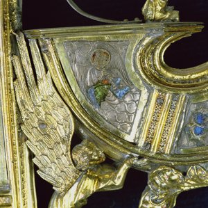 Engel, der eine kleine Schalmei spielt, Detail vom Krummstab von William of Wykeham (ca. 1320-1404) von English School