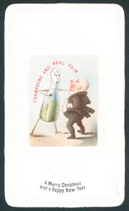Wütende Champagnerflasche schlägt Mann, Weihnachtskarte von English School