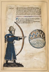 Bogenschütze (John Gower?) schießt Pfeile auf die Welt, um die Bösen zu treffen, Illustration aus 