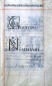 Archiv 3693 f.46 Seite mit drei Wohltätern des New College, Oxford: Gulielmus, Nathaniel, aus einem Benefizbuch
