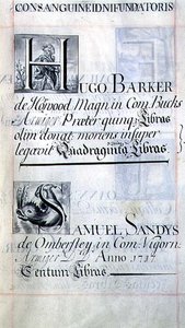Seite mit zwei Wohltätern des New College, Oxford; Hugo Barker und Samuel Sandys, aus einem Benefizbuch