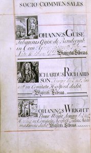 Archiv 3693 f.60v Seite mit der Auflistung von drei Wohltätern des New College, Oxford; Johannes Guise, Richardus Richardson und Johannes Wright, aus einem Wohltätigkeitsbuch, 16812-84