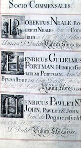 Archiv 3693 f.95 Seite mit der Auflistung von drei Wohltätern des New College, Oxford; Robertus Neale, Henricus Gulislmus Portman und Henricus Pawlet St. John von English School
