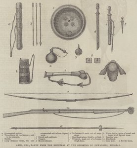 Waffen usw., die von den Bhutanesen bei der Erstürmung von Dewangiri, Bhutan, erbeutet wurden (Stich) von English School
