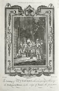 Verhaftung von Guy Fawkes wegen des Versuchs, das Parlament im Gunpowder Plot am 5. November 1605 in die Luft zu sprengen von English School