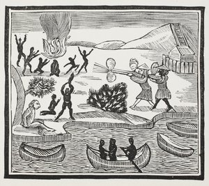 Ankunft von Wilden mit christlichem Gefangenen, Illustration aus Chap-books des achtzehnten Jahrhunderts von John Ashton, veröffentlicht 1882 von English School