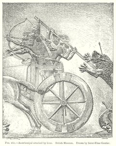 Assurbanipal von Löwen angegriffen. British Museum (Gravur) von English School