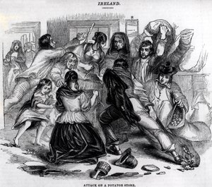 Angriff auf ein Kartoffellager in Irland, ca. 1845 von English School