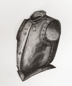 Rücken- und Brustpanzer, vorne öffnend, bekannt als der Weste-Brustpanzer, ca. 1580, aus The British Army: Its Origins, Progress and Equipment, veröffentlicht 1868. von English School