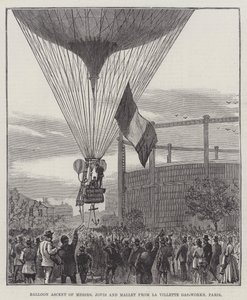 Ballonaufstieg von Messers Jovis und Mallet von den Gaswerken La Villette, Paris (Gravur) von English School