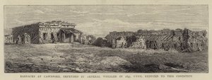 Kasernen in Cawnpore, verteidigt von General Wheeler im Jahr 1857, bis sie in diesen Zustand gebracht wurden (Gravur) von English School